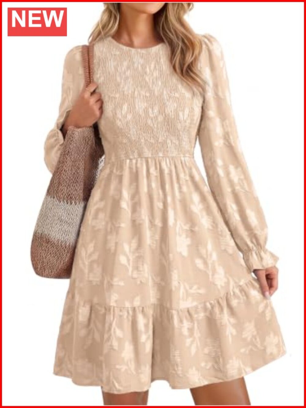 Women's Fall Babydoll Mini Dress Long Sleeve Crew Neck Smocked A-Line Floral